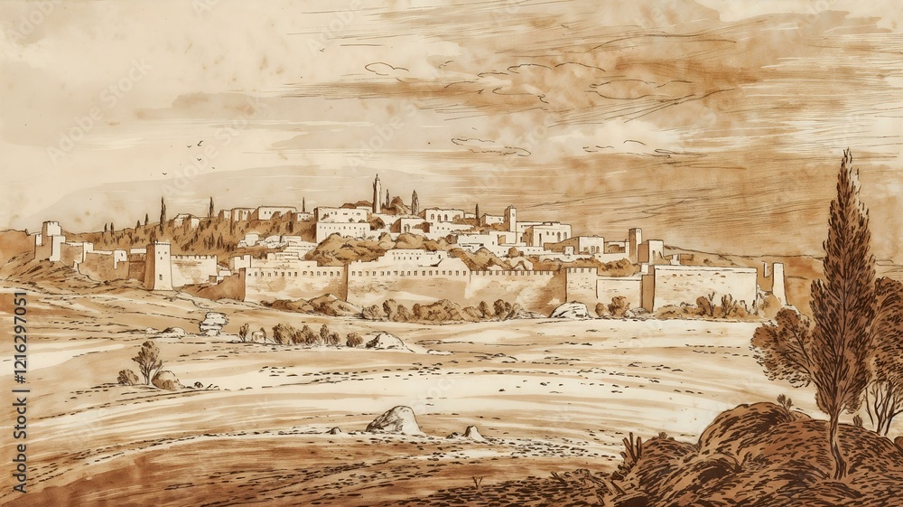 Fototapeta premium Historic Jerusalem landscape illustration with ancient city walls and serene surroundings