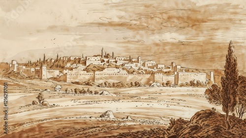 Historic Jerusalem landscape illustration with ancient city walls and serene surroundings