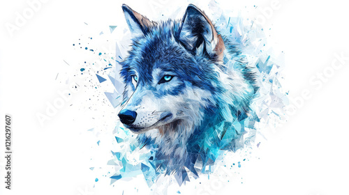 Wallpaper Mural Low poly wolf head with icy blue and cyan glowing geometric patterns, isolated on a bright white background Torontodigital.ca
