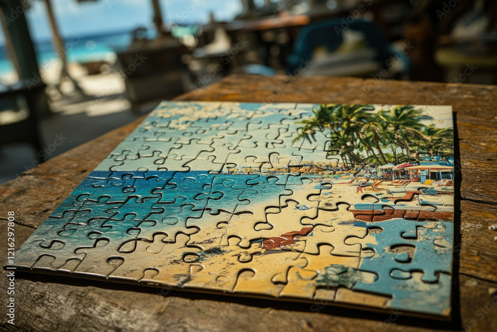 Naklejka premium Incomplete beach scene jigsaw puzzle on wooden table, tropical beach setting, partially assembled.
