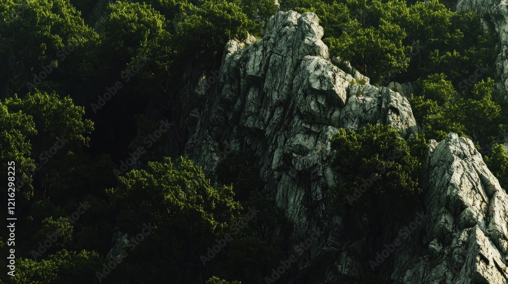 Rugged cliff face, lush forest, aerial view, sunlight Rugged cliff face, lush forest, aerial view, sunlight