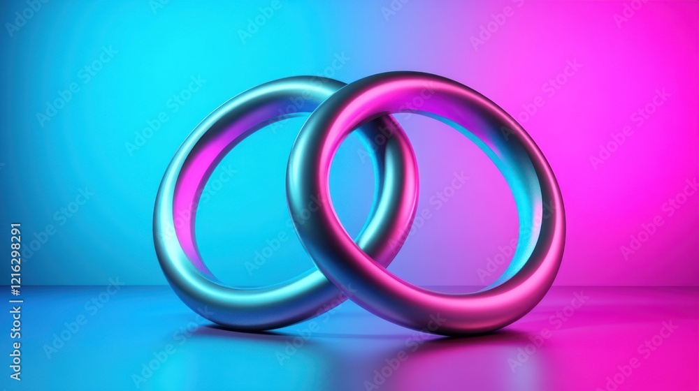 Metallic Interlocking Rings Neon Blue Pink Background Metallic Interlocking Rings Neon Blue Pink Background