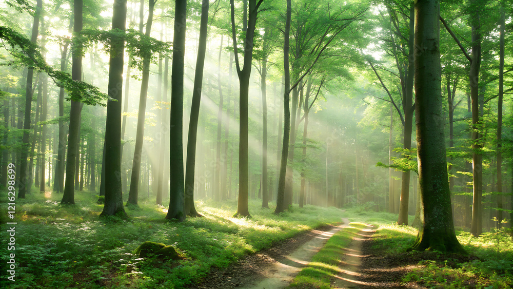 Morning in the forest with sunbeams passing through the tree trunks Morning in the forest with sunbeams passing through the tree trunks