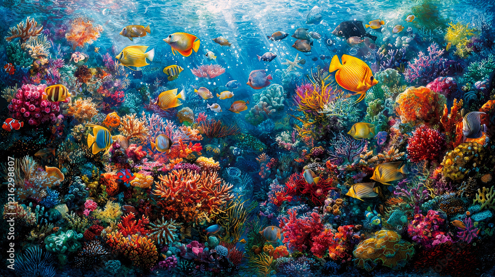 Naklejka premium Vibrant Coral Reef: Underwater Paradise of Colorful Fish and Marine Life