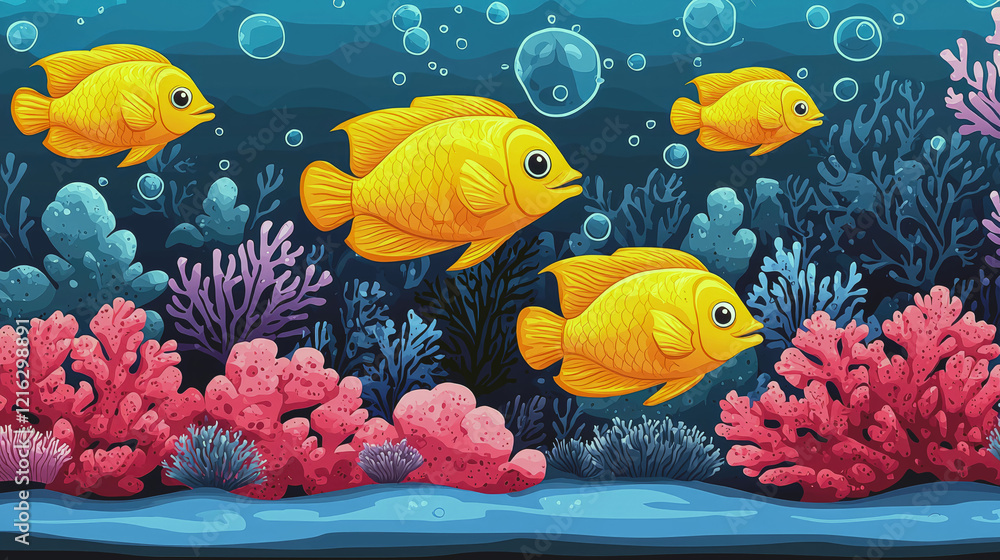Naklejka premium Vibrant Underwater Scene: Yellow Fish and Coral Reefs