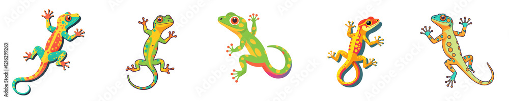 Naklejka premium A vibrant collection of whimsical lizards showcasing diverse colors and patterns