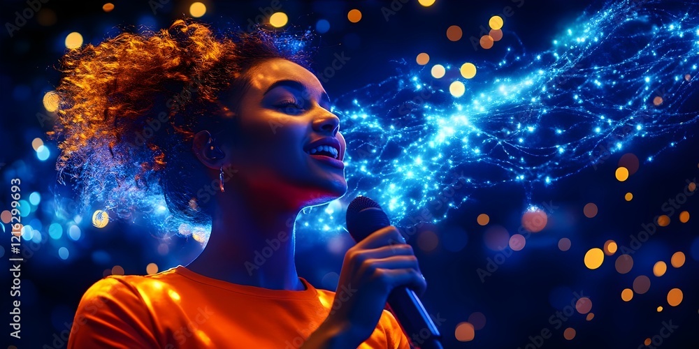 A woman singing into a microphone, with colorful, glowing effects representing music flowing around her. Concept Woman Singing, Microphone Magic, Colorful Sound Waves, Glowing Music Effects A woman singing into a microphone, with colorful, glowing effects representing music flowing around her. Concept Woman Singing, Microphone Magic, Colorful Sound Waves, Glowing Music Effects