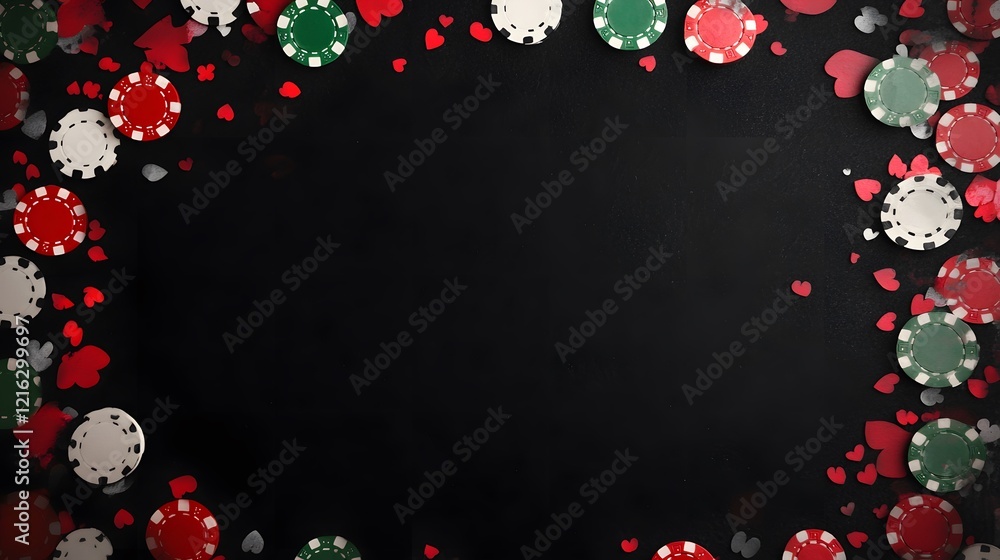 A black felt surface with poker chips scattered around the outside edge of the frame. On a dark black background. This could be used for an online casino website banner A black felt surface with poker chips scattered around the outside edge of the frame. On a dark black background. This could be used for an online casino website banner