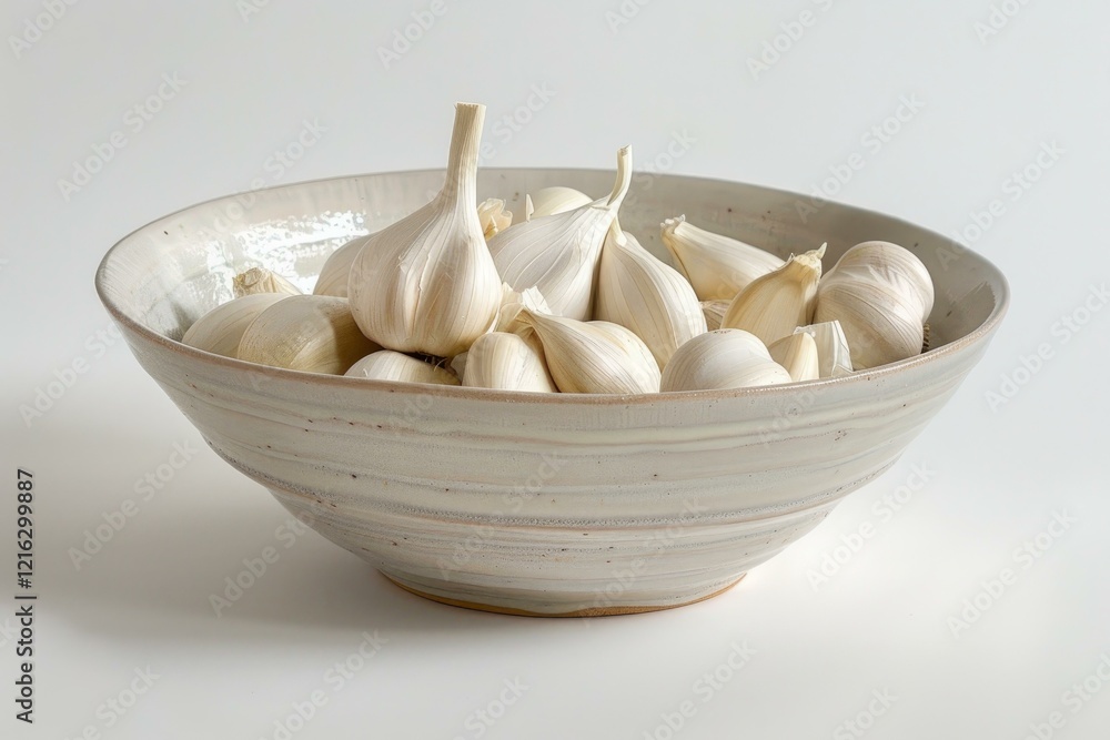 Ceramic bowl is brimming with numerous heads of fresh garlic, creating a visually appealing still life against a clean white backdrop Ceramic bowl is brimming with numerous heads of fresh garlic, creating a visually appealing still life against a clean white backdrop