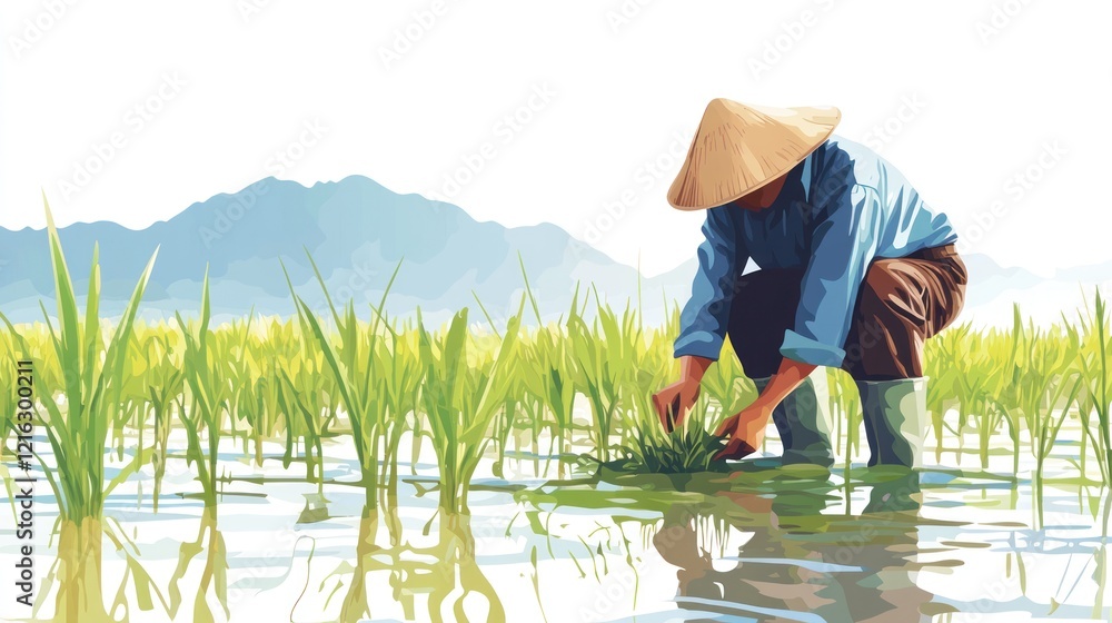 Rice farmer standing knee-deep in a paddy field, planting crops, on solid white background, single object. Rice farmer standing knee-deep in a paddy field, planting crops, on solid white background, single object.