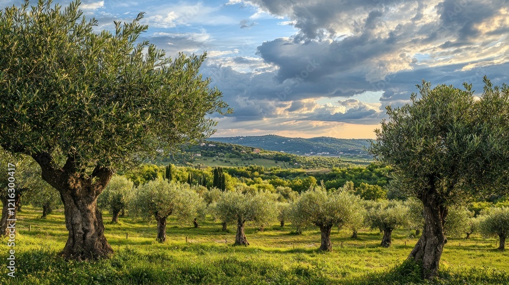 Sunset over Tuscan olive grove, rolling hills, landscape, agriculture, Italy Sunset over Tuscan olive grove, rolling hills, landscape, agriculture, Italy