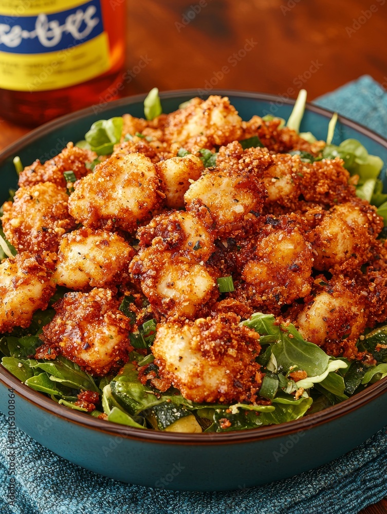 Fototapeta premium Crispy Cauliflower Bites with Spicy Crumb Coating on Fresh Salad Greens