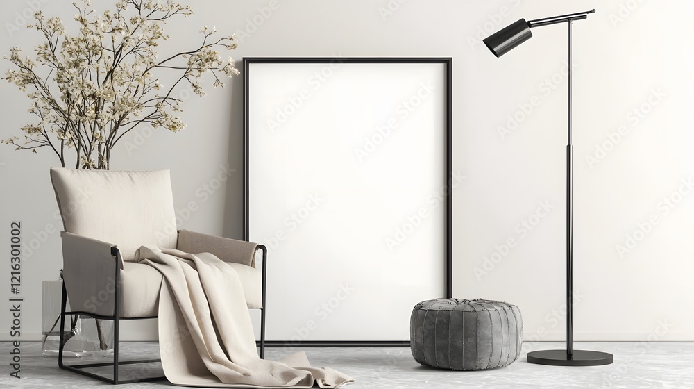 Fototapeta premium Cozy and Inviting Living Room with Empty Frame Mockup for Design Presentation Featuring Modern Furniture Stylish Wall Textures and a Warm and Minimal Ambiance