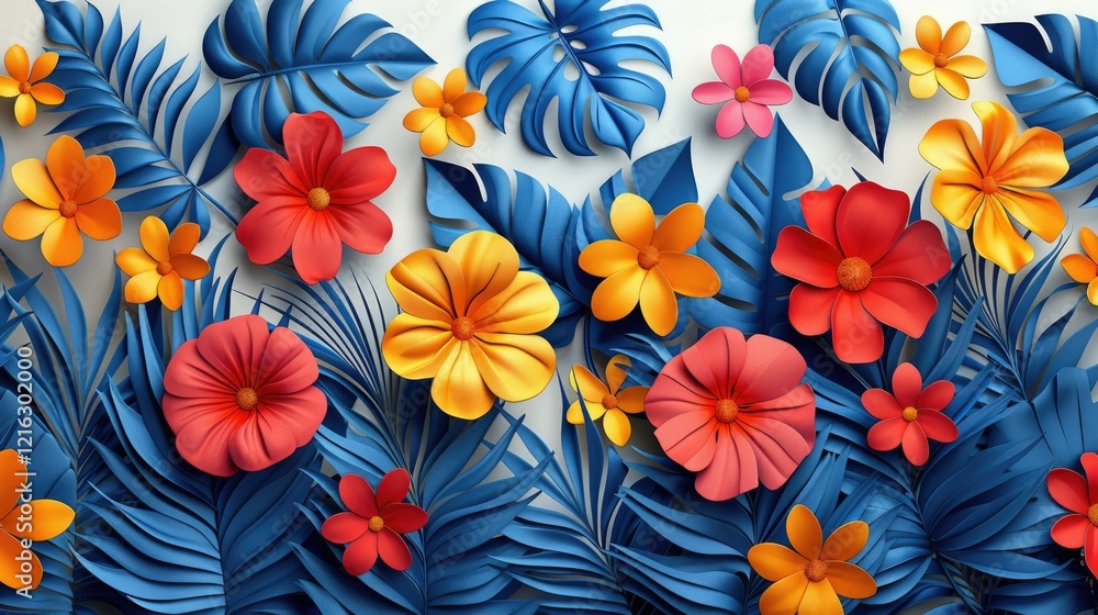 A vibrant arrangement of blue leaves and colorful flowers in a paper-cut style. A vibrant arrangement of blue leaves and colorful flowers in a paper-cut style.