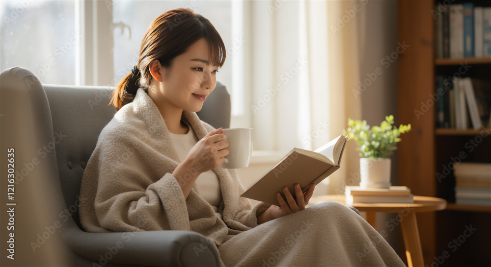 読書をしながら飲み物を飲む女性　温活