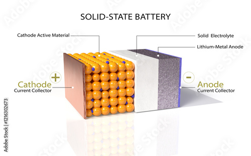 The cell structure of a solid-state battery. 3D render 