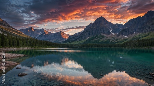 Stunning Glacier Lake and Rocky Mountains at Sunrise