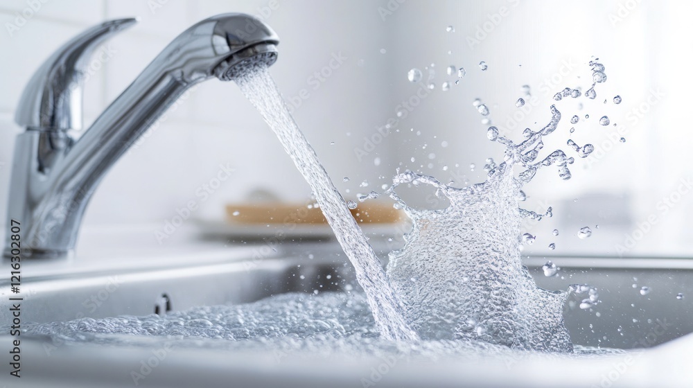 Water splash captured in a kitchen sink, showcasing daily life, on solid white background, single object. Water splash captured in a kitchen sink, showcasing daily life, on solid white background, single object.
