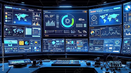 A futuristic control room with numerous monitors displaying real-time data and analytics.