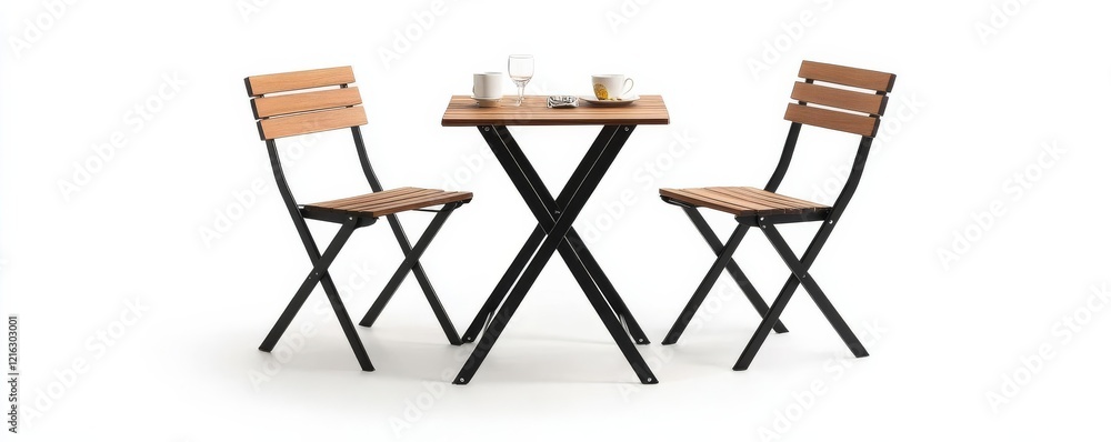Industrial-style foldable bistro set with matte black metal and raw wood finishes Industrial-style foldable bistro set with matte black metal and raw wood finishes