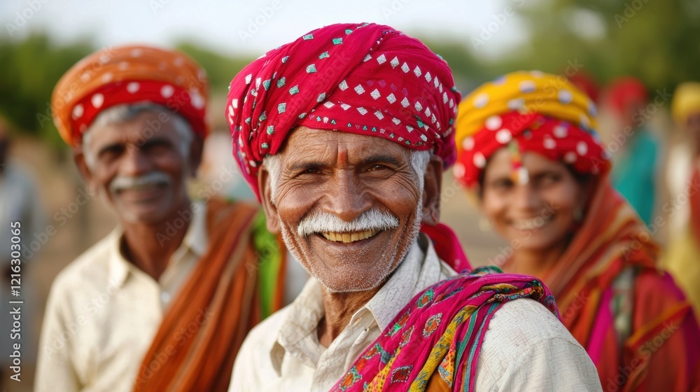Fototapeta premium Happy Elderly Man in Vibrant Turban with Friends
