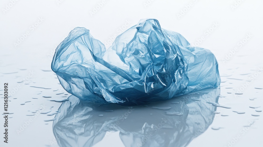 Fototapeta premium Wet plastic bag, glistening under sunlight on a rainy day, on solid white background, single object.