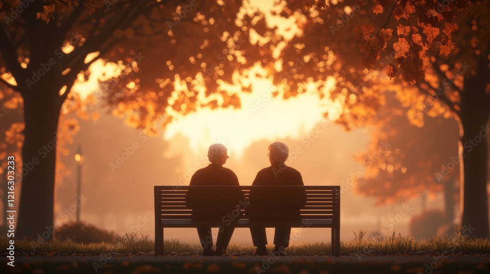Golden Hour Two Seniors Sharing a Peaceful Autumn Sunset on a Park Bench Golden Hour Two Seniors Sharing a Peaceful Autumn Sunset on a Park Bench