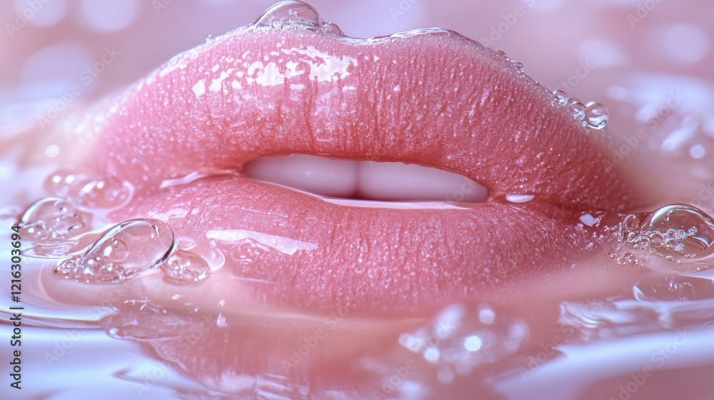Fototapeta premium Close-Up of Soft Pink Lips Surrounded by Bubbles in Water