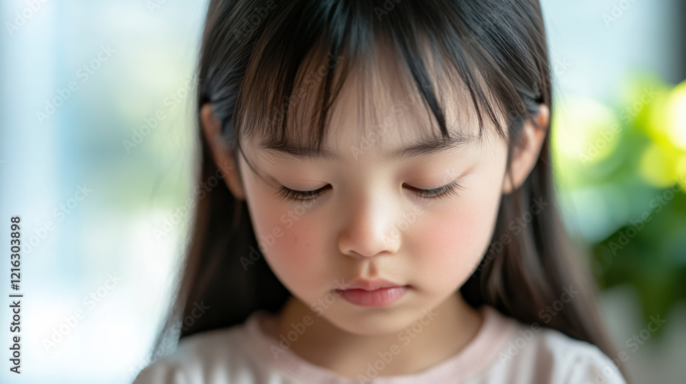 thoughtful East Asian child with long hair, looking down, lost in contemplation. soft lighting creates serene atmosphere, highlighting her delicate features and innocence thoughtful East Asian child with long hair, looking down, lost in contemplation. soft lighting creates serene atmosphere, highlighting her delicate features and innocence
