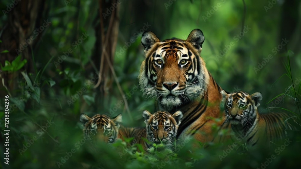 Fototapeta premium Tiger Family Lurks in Lush Jungle