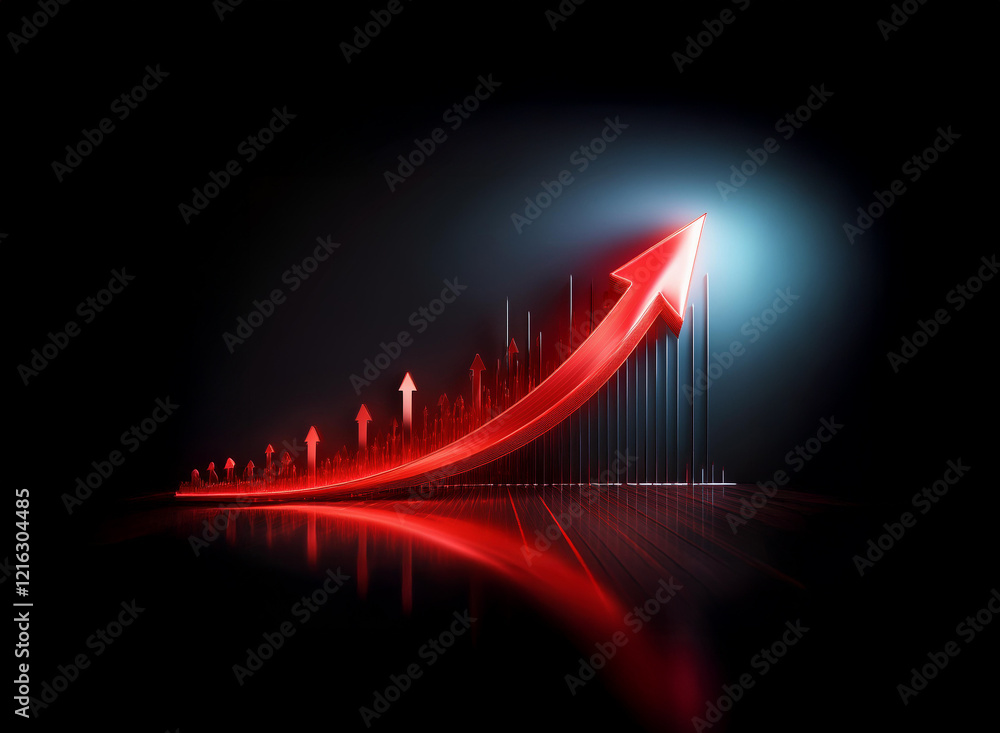 Fototapeta premium A glowing red arrow ascends sharply against a dark background, symbolizing growth and success. The arrow is reflected on a glossy surface, enhancing its dramatic impact.