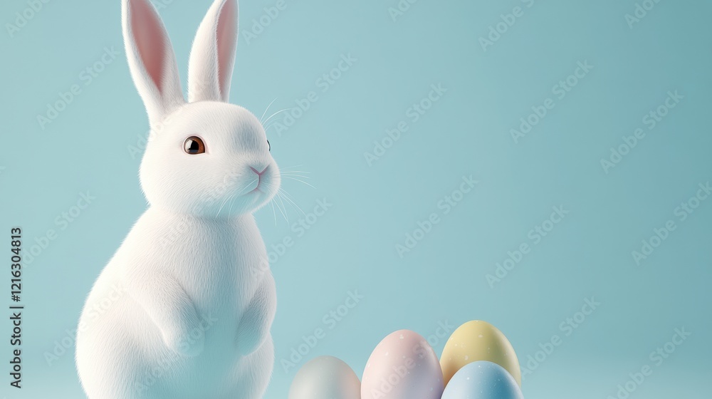 Obraz premium Easter Bunny with Pastel Eggs: A charming white rabbit sits beside a cluster of pastel-colored Easter eggs against a serene light-blue background.