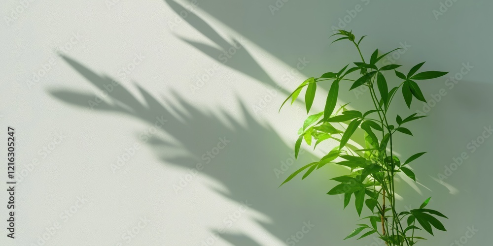 Naklejka premium A plant with leaves is in front of a wall. The leaves are green and the plant is growing