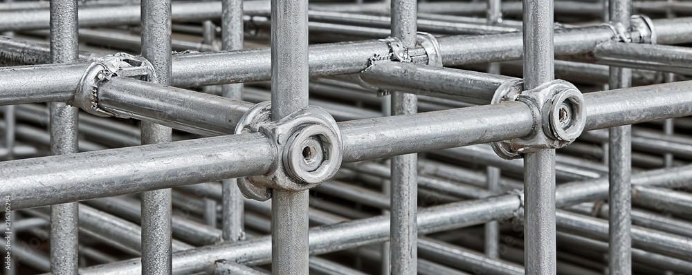 Steel scaffolding installation construction site industrial infrastructure urban environment close-up view structural integrity Steel scaffolding installation construction site industrial infrastructure urban environment close-up view structural integrity