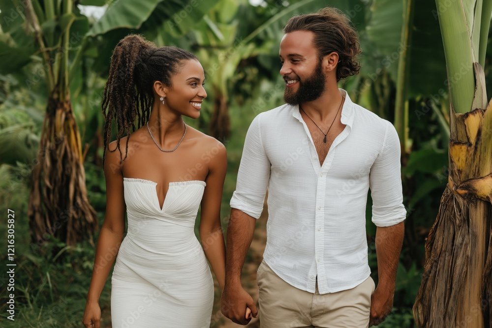 A man and woman are walking together in a lush green forest. The man is wearing a white shirt and khaki pants, while the woman is wearing a white dress. They are both smiling A man and woman are walking together in a lush green forest. The man is wearing a white shirt and khaki pants, while the woman is wearing a white dress. They are both smiling