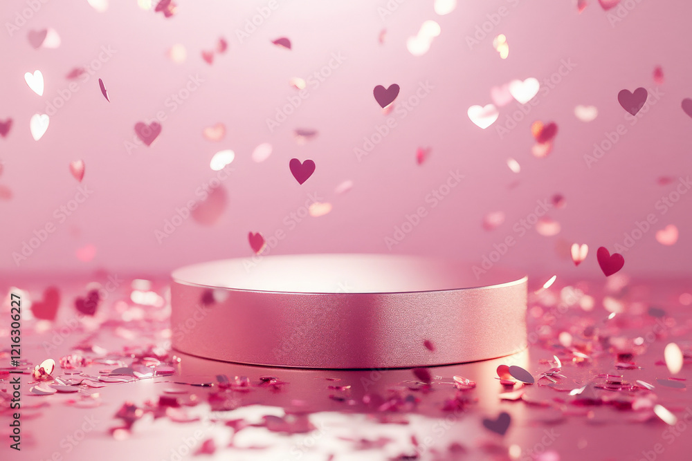 A podium rose gold with pink heart shapes A podium rose gold with pink heart shapes