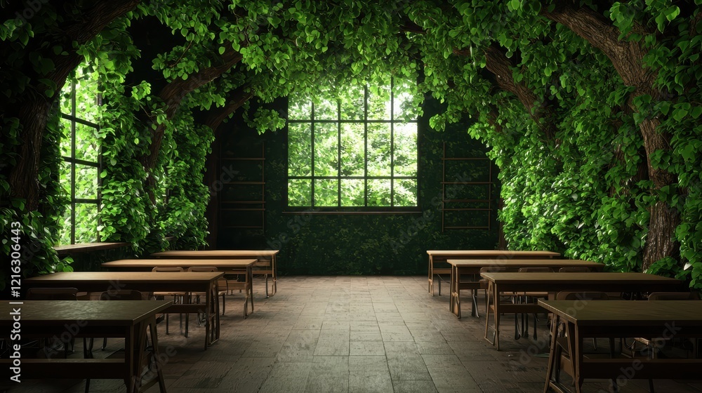 Obraz premium Tranquil Indoor Garden Room with Wooden Tables and Lush Greenery