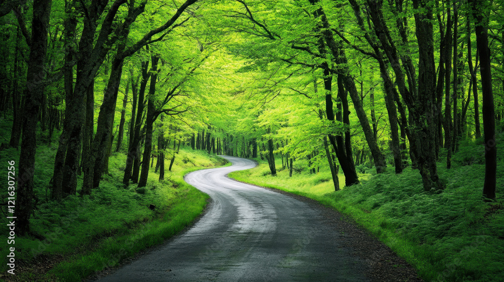 winding road surrounded by lush green trees creates serene atmosphere, inviting exploration and connection with nature winding road surrounded by lush green trees creates serene atmosphere, inviting exploration and connection with nature