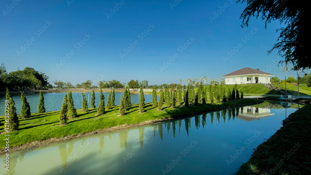 Obraz premium Beautiful lakeside park, bright green scenery, quiet atmosphere, viewpoint