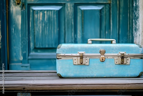 Vintage Blue Suitcase on Wooden Table photo