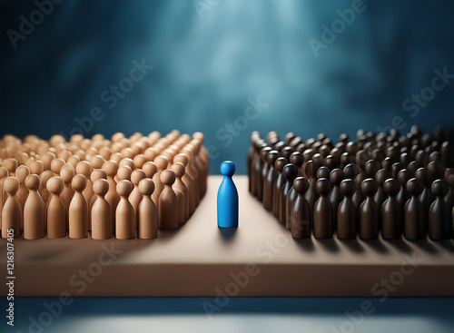 A lone blue pawn stands between two large groups of beige and dark brown pawns, symbolizing division and the struggle for individuality amidst conformity. photo