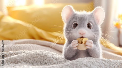 Whimsical depiction of a magical mouse acting as the tooth fairy gently carrying a tiny pouch of coins while exchanging a baby tooth in a softly lit cozy bedroom at night photo