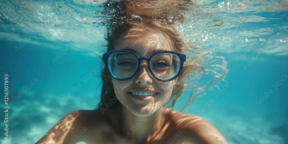 Fototapeta premium Female swimmer smiling underwater, wearing blue goggles, enjoying ocean. sunlight creates beautiful patterns on water surface, enhancing joyful atmosphere
