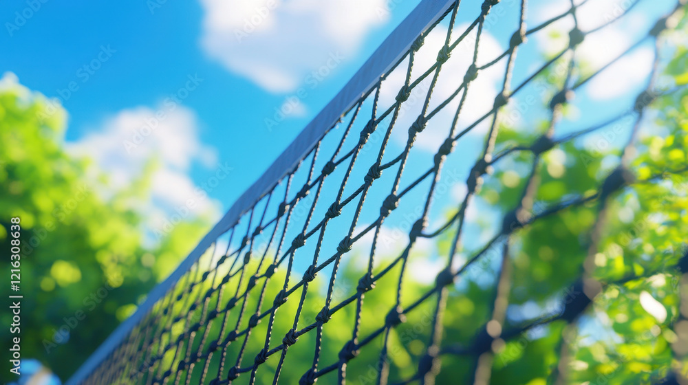 close up view of tennis net against bright blue sky and lush greenery, capturing essence of outdoor sports and leisure. vibrant colors evoke sense of energy and activity close up view of tennis net against bright blue sky and lush greenery, capturing essence of outdoor sports and leisure. vibrant colors evoke sense of energy and activity