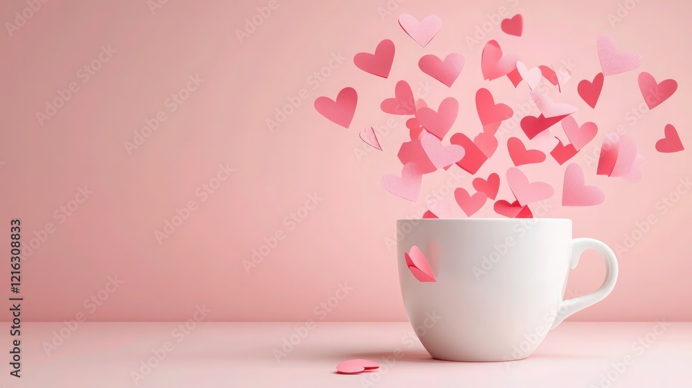 A white coffee cup with a dynamic burst of pink paper hearts flying outward, set on a pastel pink background with gentle lighting. A white coffee cup with a dynamic burst of pink paper hearts flying outward, set on a pastel pink background with gentle lighting.