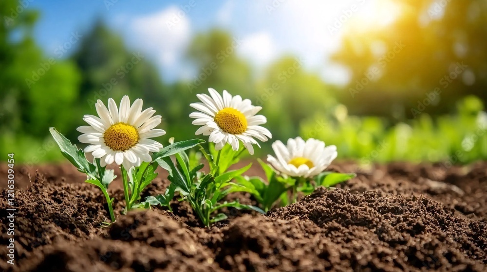 Blossoming springtime garden planting women concept. Vibrant daisies bloom in rich soil under a sunny