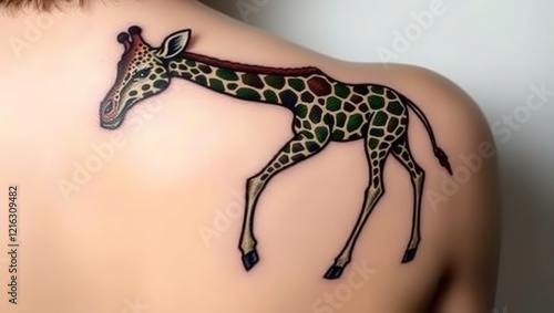  Colorful Illustration of a Giraffe Tattoo on a Human's Thin Arm photo