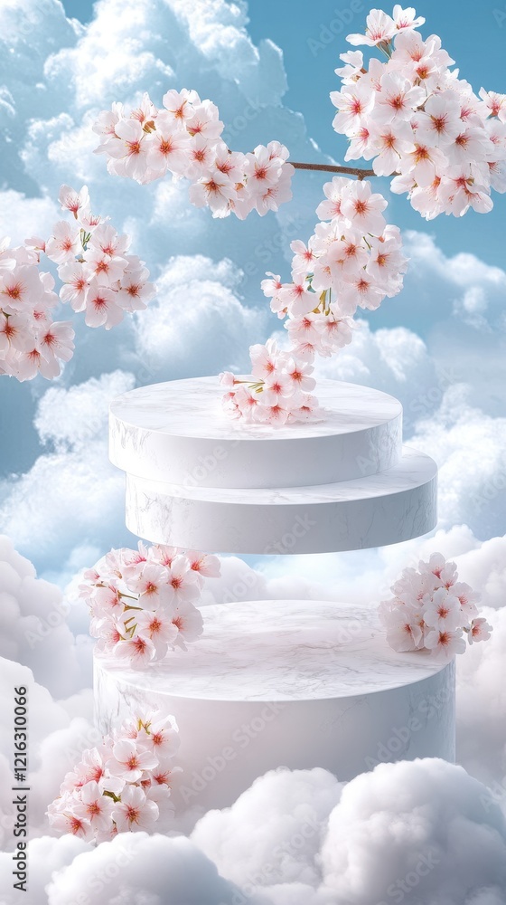 Fototapeta premium 3D white cylindrical podium with cherry blossoms,pink sakura theme product display background,spring season,exhibition gallery display,podiums,Product presentation realistic podium,platform.