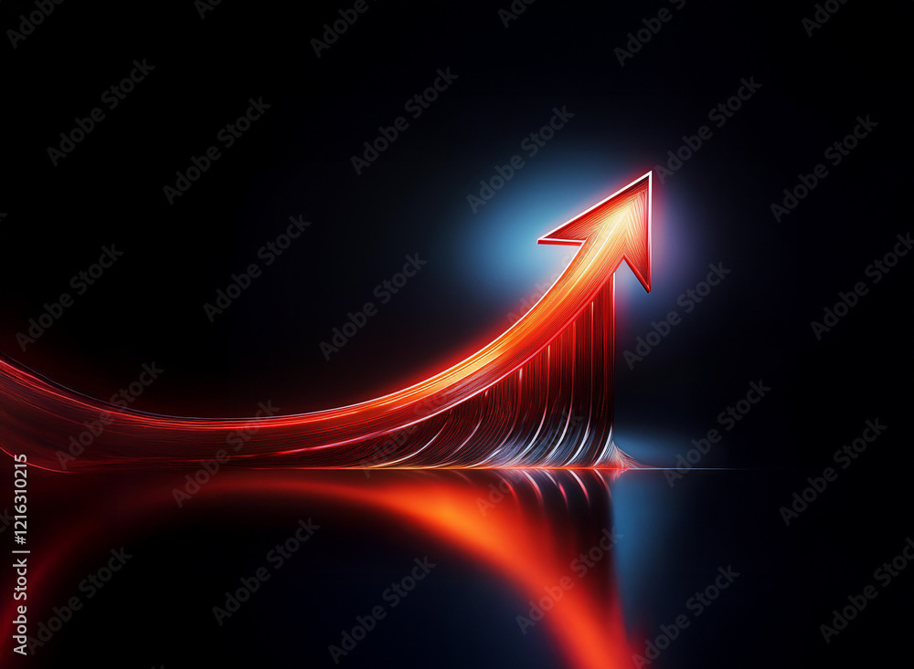 A glowing red arrow ascends, curving upward against a dark background, its reflection shimmering below. The arrow symbolizes growth and progress. A glowing red arrow ascends, curving upward against a dark background, its reflection shimmering below. The arrow symbolizes growth and progress.