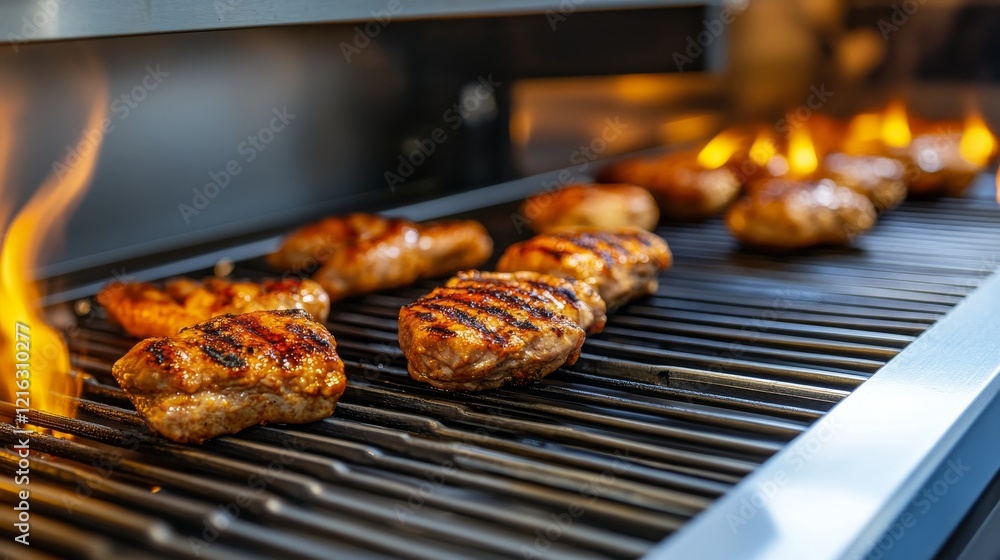Grilled chicken breasts sizzling on a barbecue with flames rising, showcasing a summer cooking scene Grilled chicken breasts sizzling on a barbecue with flames rising, showcasing a summer cooking scene